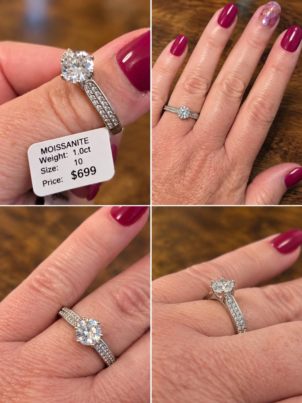 Moissanite 1.0ct Solitaire Engagement Ring with Double Pave Band - Silver Sz 10